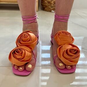 Steve Madden Pink Lace-Up Sandals with Orange Satin Flower Detail